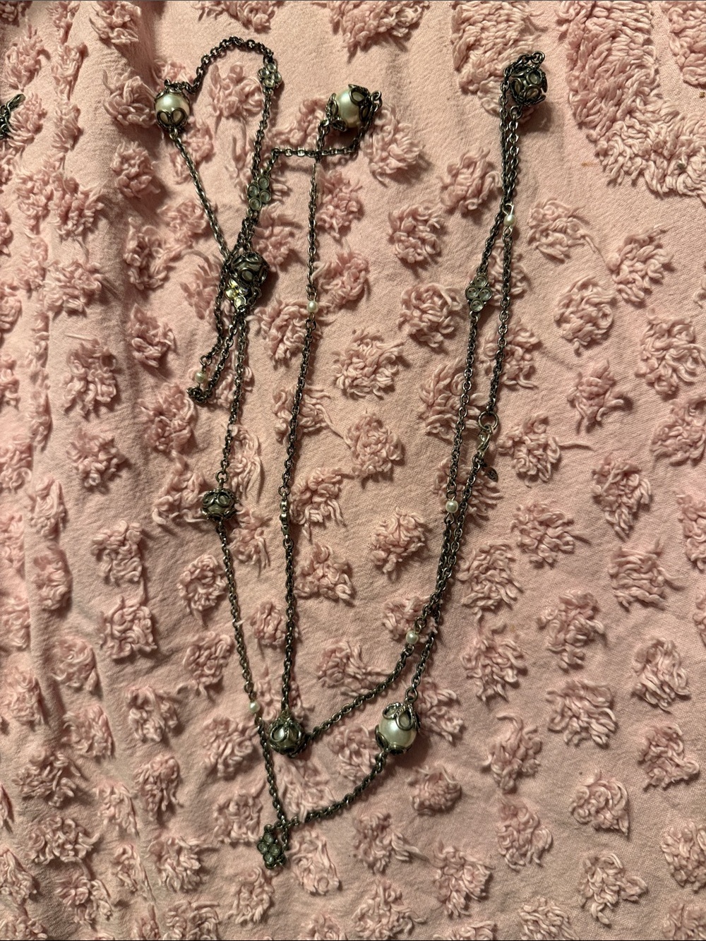Premier Designs Antique Silver Multi-Strand Necklace with Pink Pearl Accents